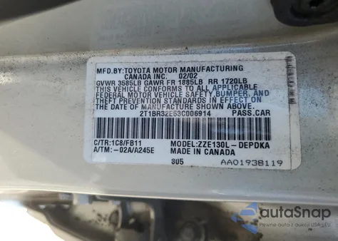 2003 Toyota Corolla Ce z USA, uszkodzony, nr VIN 2T1BR32E53C006914